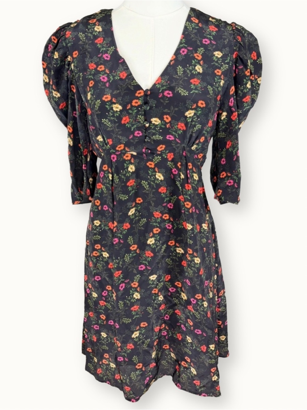 The Kooples Floral Mini Dress Size 1 US Small Puff Sleeve V-Neck Black Printed